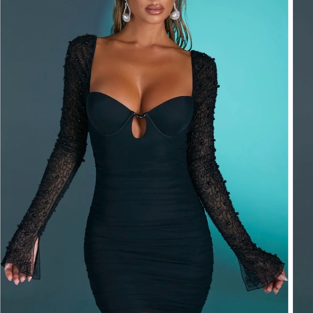 Oh Polly Black Long Sleeve Beaded Mesh Bodycon Dress